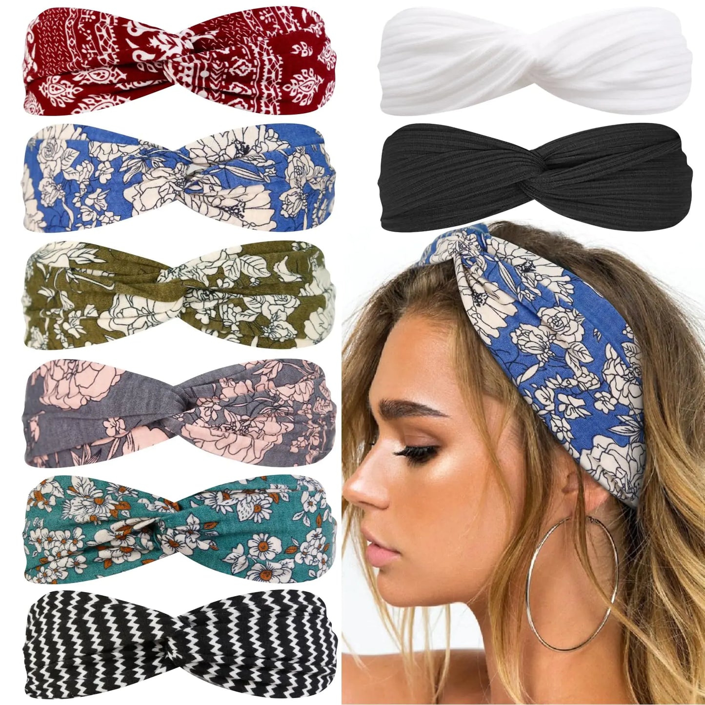 Huachi Bohemian Twist Headbands for Women - Floral & Solid Colors