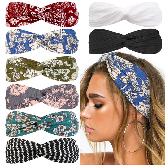 Huachi Bohemian Twist Headbands for Women - Floral & Solid Colors